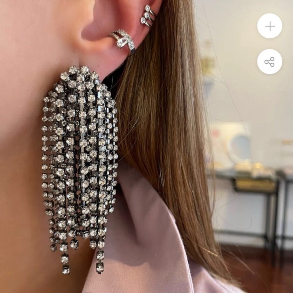 Silver Rhinestone Tassel Fringe Statement Earrings